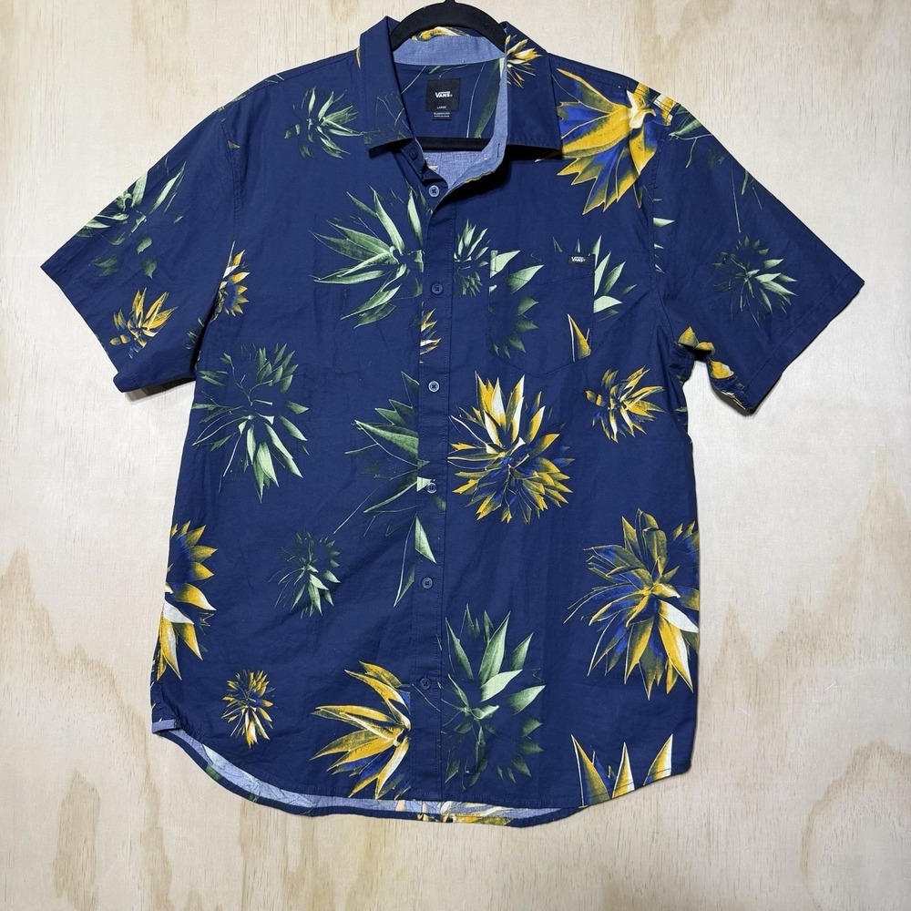 Vans Button‎ Up Shirt Mens Large Blue Floral Tropical Short Sleeve Casual